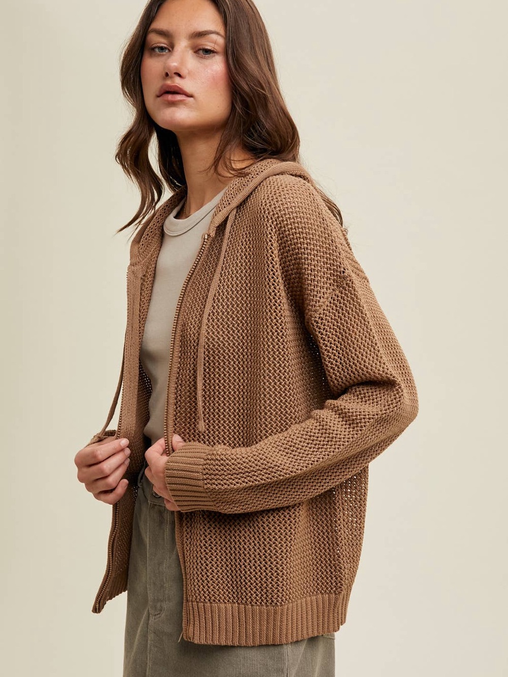 Cozy Waffle-Knit Hooded Cardigan Sweater - Brown